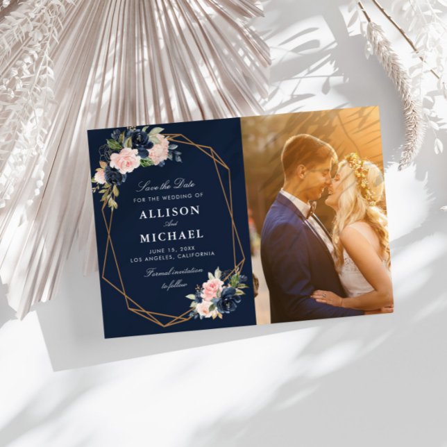 navy & blush geometric save the date photo card (Creator Uploaded)