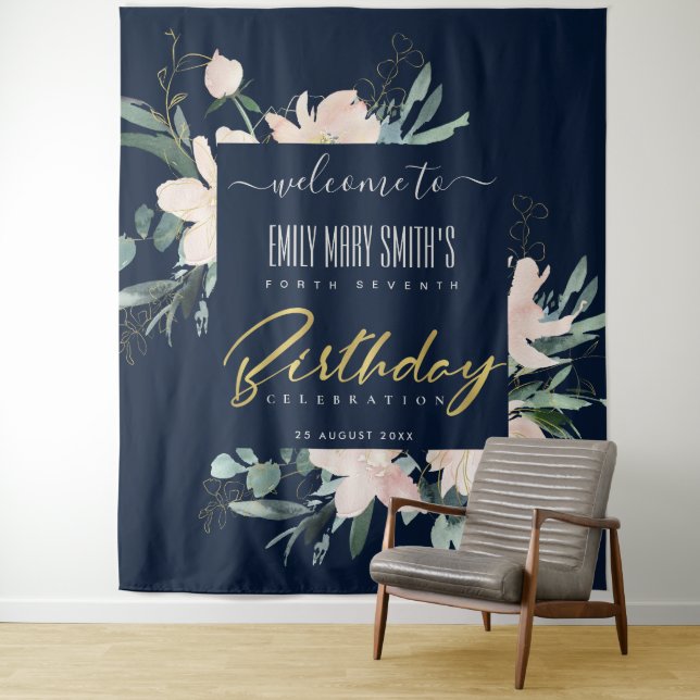 NAVY BLUSH GOLD FLORAL ANY YEAR BIRTHDAY WELCOME TAPESTRY (In Situ)