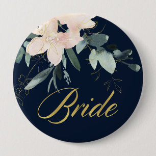 NAVY BLUSH GOLD FLORAL BUNCH WATERCOLOR BRIDE 4 INCH ROUND BUTTON