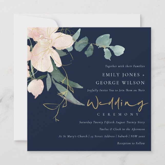 NAVY BLUSH GOLD FLORAL BUNCH WATERCOLOR WEDDING INVITATION (Front)