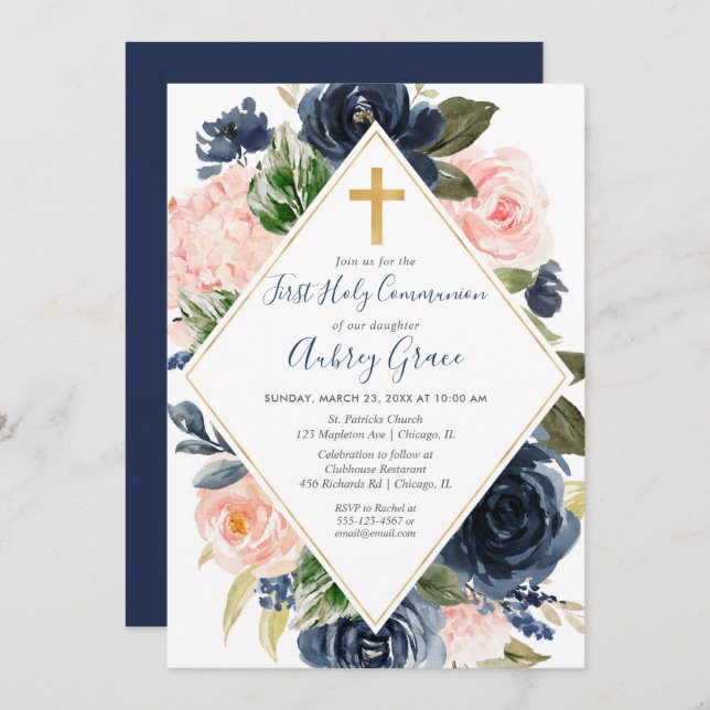 Navy blush gold floral First Holy Communion Invitation (Front/Back)