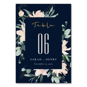 NAVY BLUSH GOLD FLORAL FRAME WATERCOLOR WEDDING TABLE NUMBER