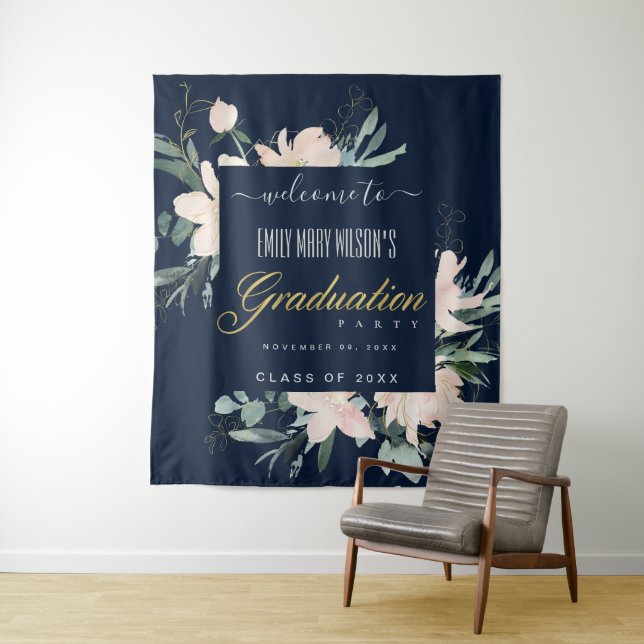 NAVY BLUSH GOLD FLORAL GRADUATION PARTY WELCOME TAPESTRY (In Situ)