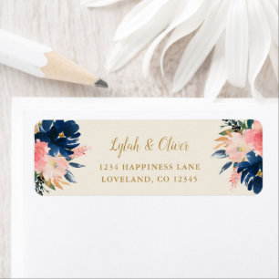 Navy Blush & Gold Floral Mariage Adresse de retour