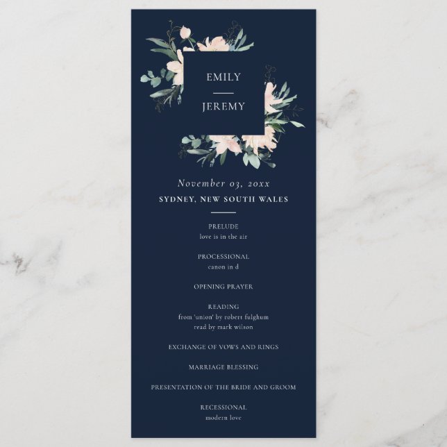NAVY BLUSH GOLD FLORAL WEDDING CEREMONY PROGRAM (Front)