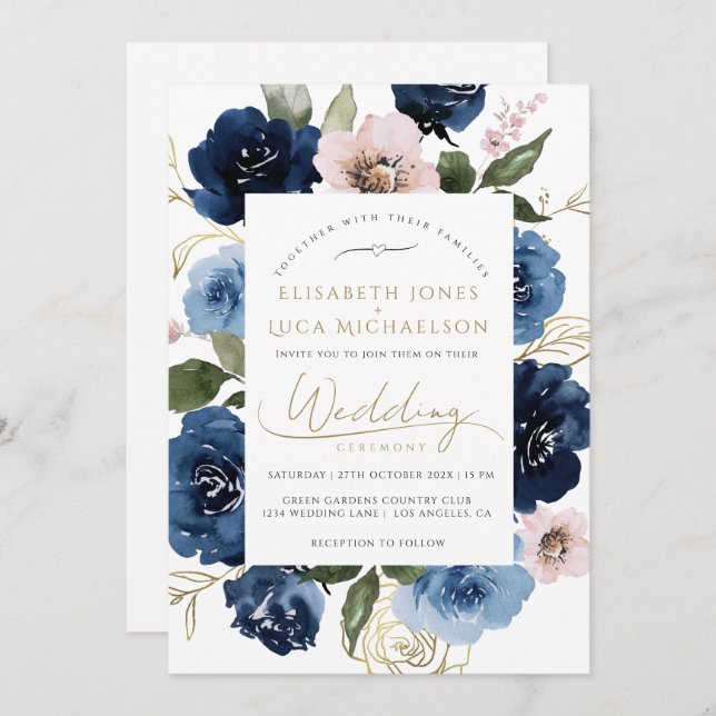 Navy Blush Gold Florals Botanical Blue Wedding  Invitation (Front/Back)