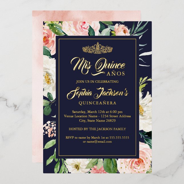 Navy Blush Gold Watercolor Floral Quinceanera  (Front/Back)