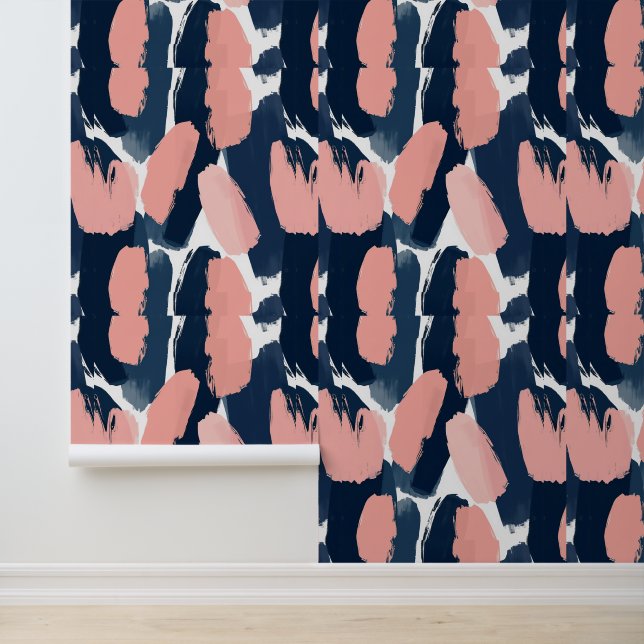 Navy & Blush Modern Abstract Brushstrokes Wallpaper (Application)