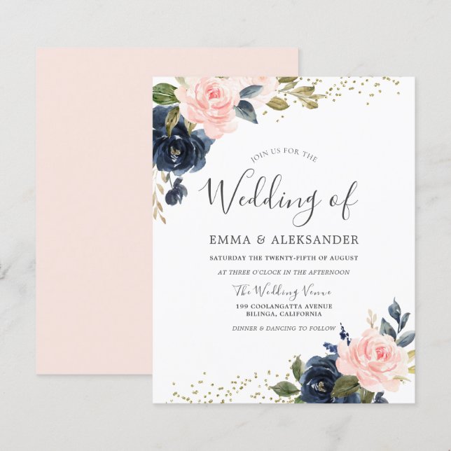 Navy & Blush On a Budget Wedding Invitation (Front/Back)