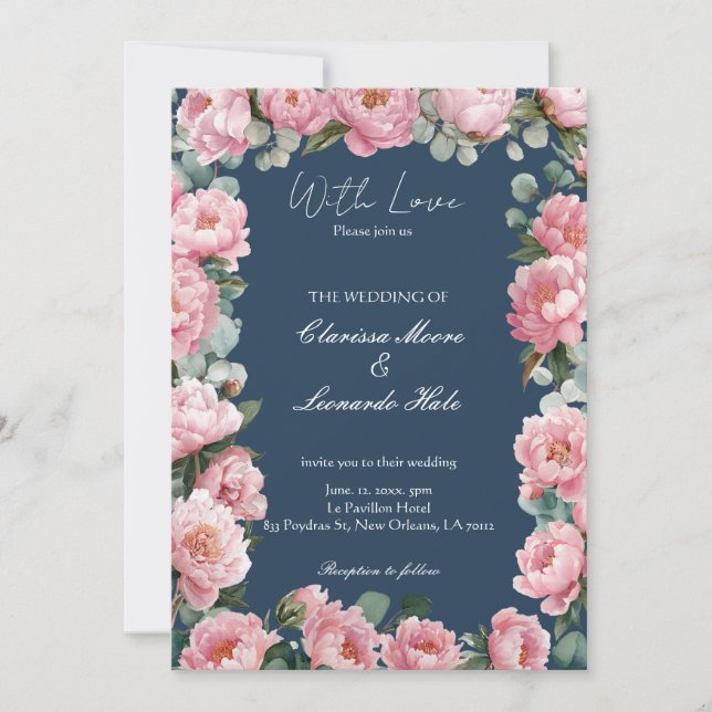 Navy Blush Peony Eucalyptus Wedding Invitation (Devant)