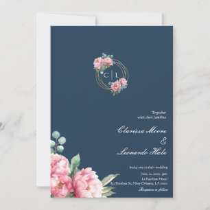 Navy Blush Peony Gold Frame Wedding Invitation