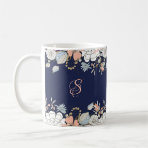 Navy Blush Pink Blue Floral Monogram Personalized Coffee Mug