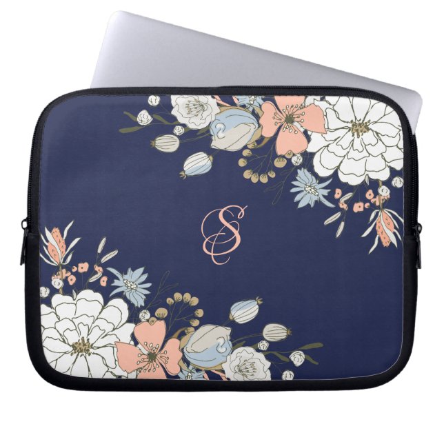 Navy Blush Pink Blue Floral Monogram Personalized Laptop Sleeve (Front)