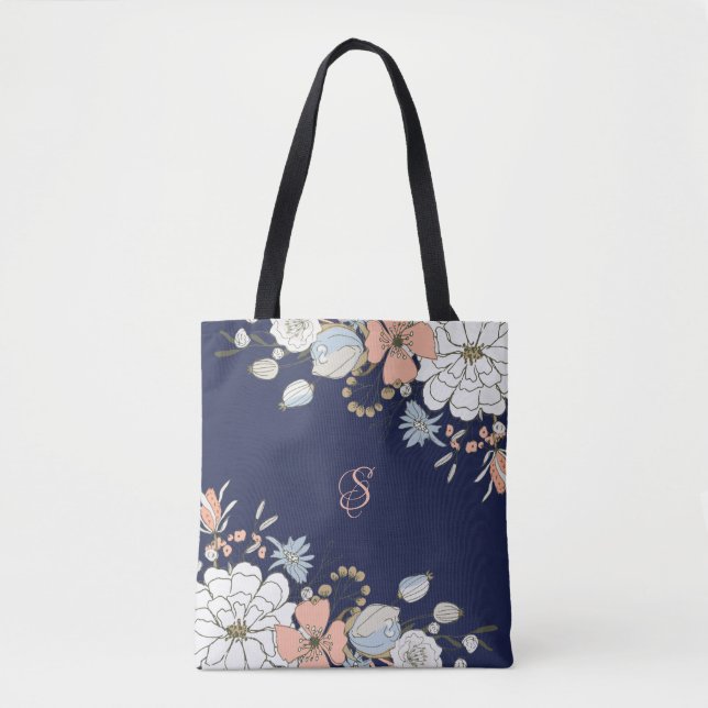 Navy Blush Pink Blue Floral Personalized Tote Bag (Front)