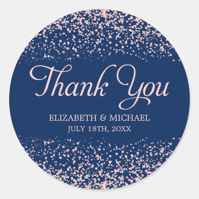 Navy Blush Pink Faux Glitter Wedding Thank You Classic Round Sticker (Front)