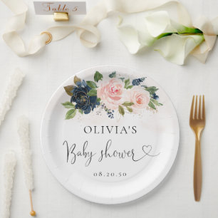 Navy & Blush Pink Floral Baby Shower Paper Plate