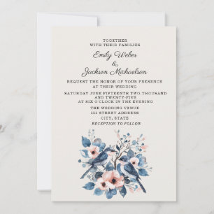 Navy Blush Pink Floral Birds Wedding Invitation