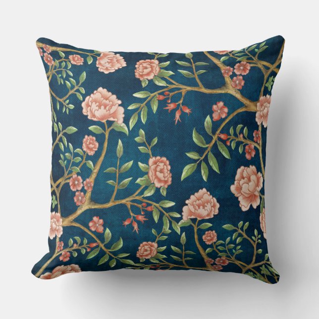 Navy Blush Pink Floral Chinoiserie Floral Greenery Throw Pillow (Front)