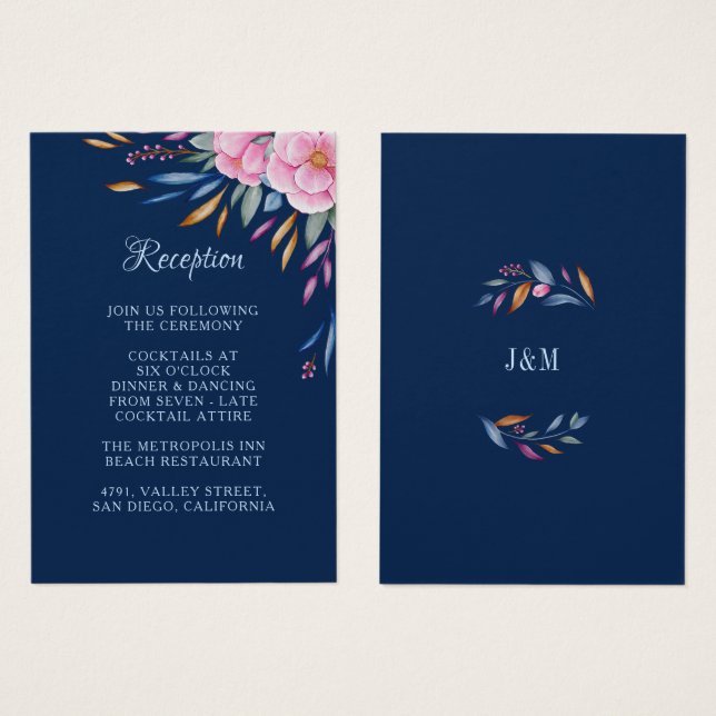 Navy Blush Pink Floral Monogram Wedding Reception (Front & Back)