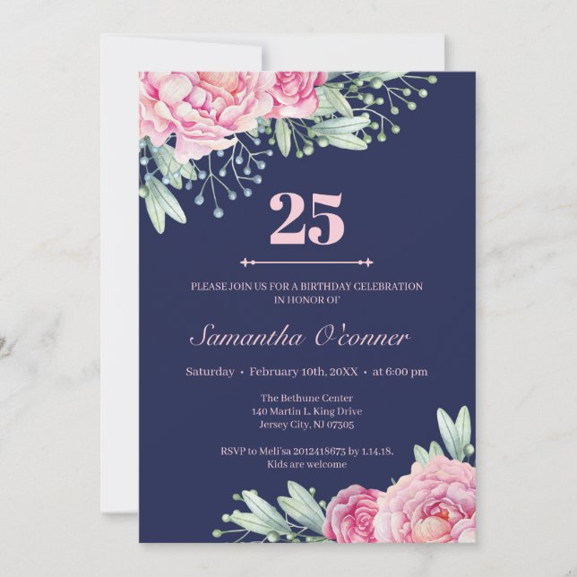 Navy blush pink floral peonnies 25th birthday invitation (Front)