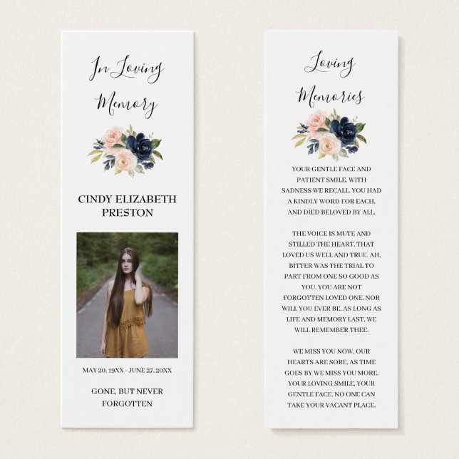 Navy Blush Pink Floral Photo Funeral Poem Bookmark (Front & Back)