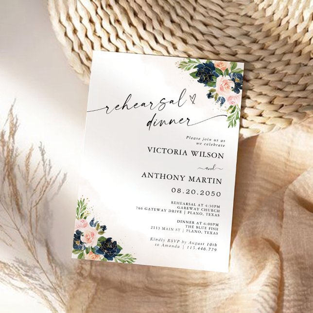 Navy & Blush Pink Floral Rehearsal Dinner Invitation (Creator Uploaded)