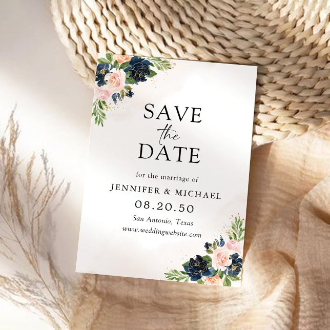 Navy & Blush Pink Floral Save The Date Card (Creator Uploaded)