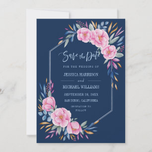 Navy Blush Pink Floral Watercolor Monogram Wedding Save The Date