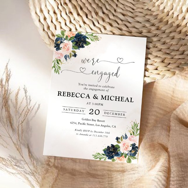 Navy & Blush Pink Floral We are engaged Invitation (Creator Uploaded)