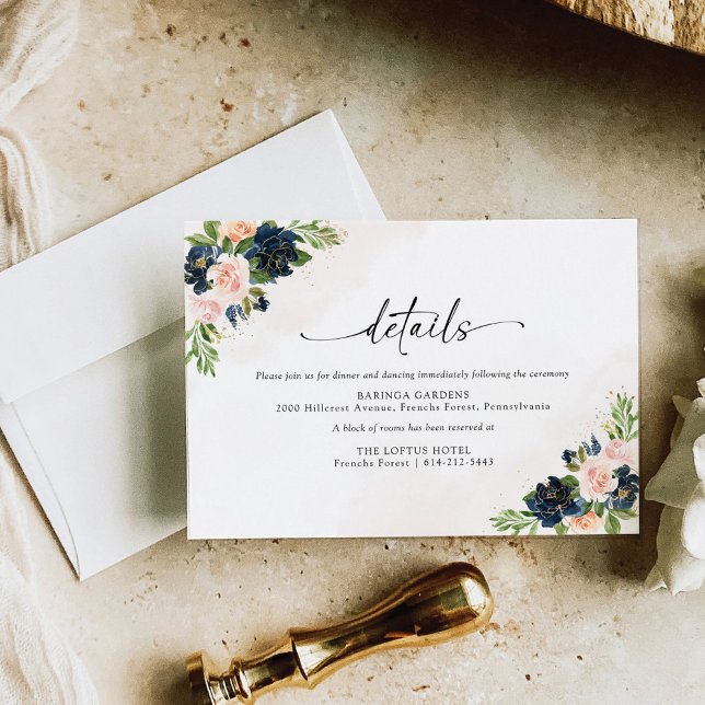 Navy & Blush Pink Floral Wedding Details Card (Creator Uploaded)