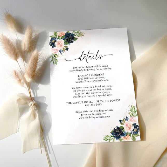 Navy & Blush Pink Floral Wedding Details Card (Creator Uploaded)