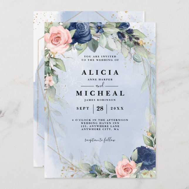 Navy & blush pink floral wedding Invitation (Front/Back)