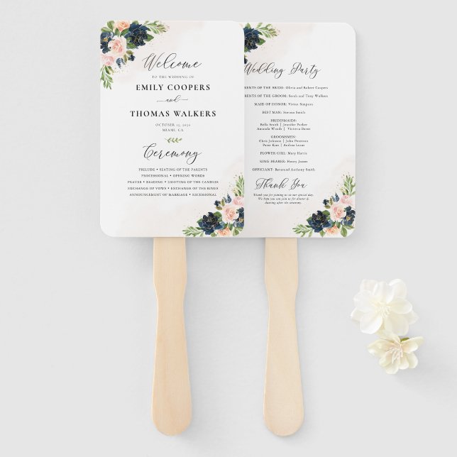 Navy & Blush Pink Floral Wedding Program Hand Fan (Front and Back)