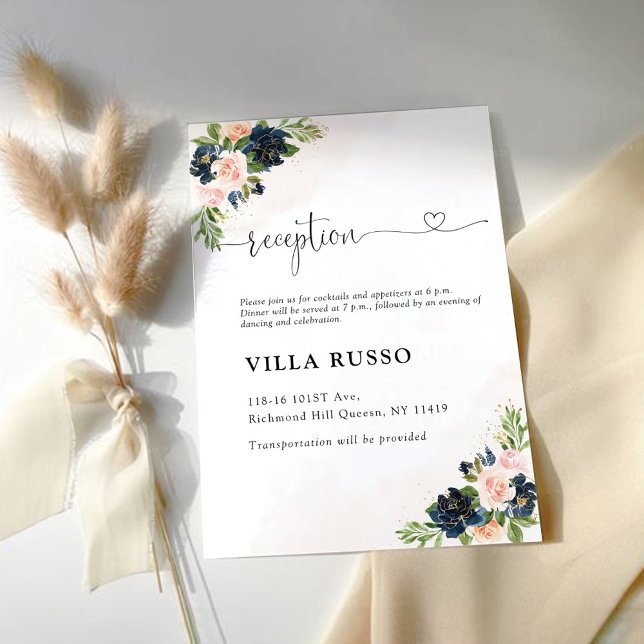 Navy & Blush Pink Floral Wedding Reception Card (Creator Uploaded)