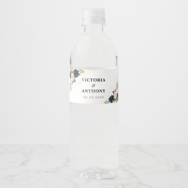 Navy & Blush Pink Floral Wedding  Water Bottle Label (Front)