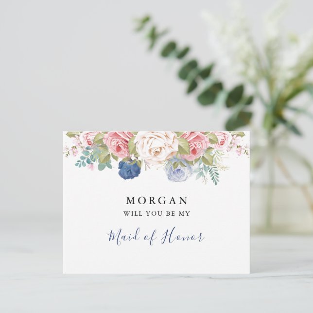  Navy Blush Pink Floral Will You Be My Bridesmaid  Postcard (Standing Front)