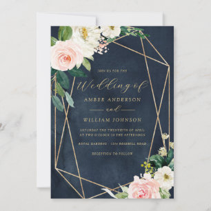 Navy Blush Pink Geo Floral Wreath Wedding Invitation