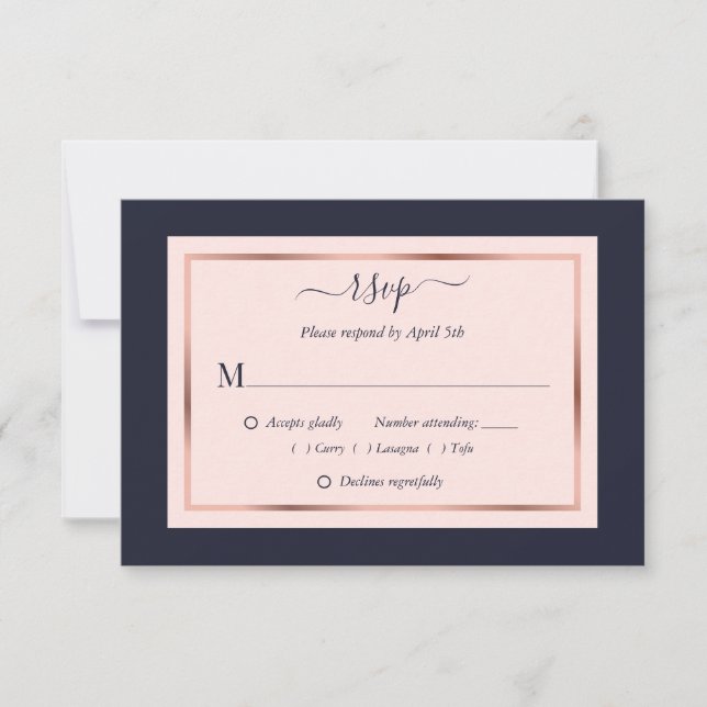 Navy Blush Pink Rose Gold Wedding RSVP Card (Front)