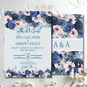 Navy & Blush Pink Watercolor Wedding Invitations