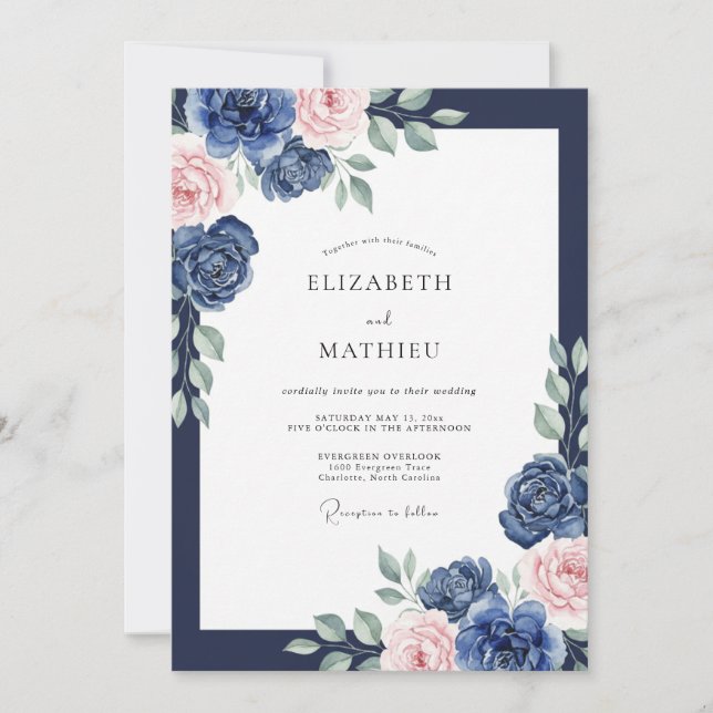 Navy Blush Ranunculus Eucalyptus Wedding Invitation (Front)