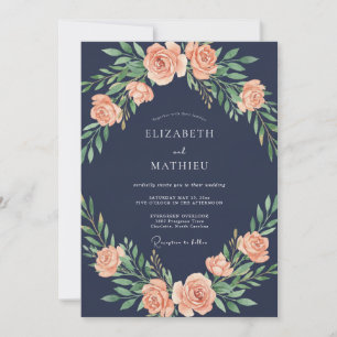 Navy Blush Rose Garland Wedding Invitation