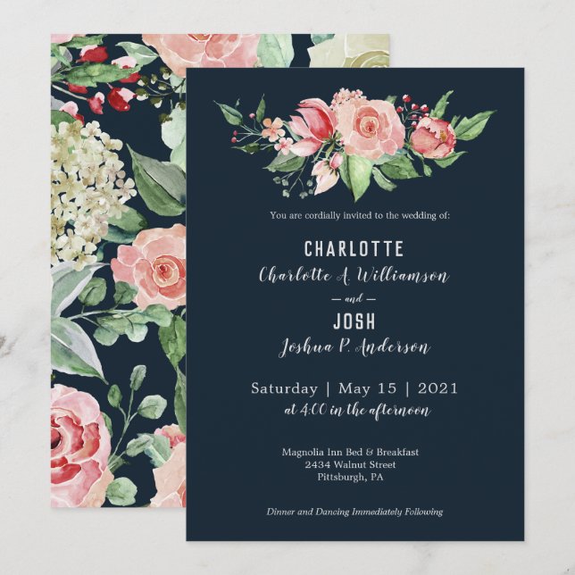 Navy Blush Roses Farmhouse Boho Wedding Invitation (Front/Back)