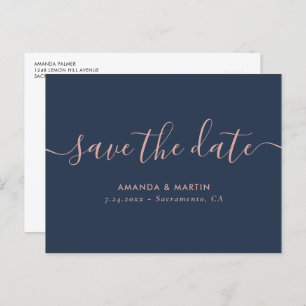 Navy Blush Script Wedding Save The Date Postcards