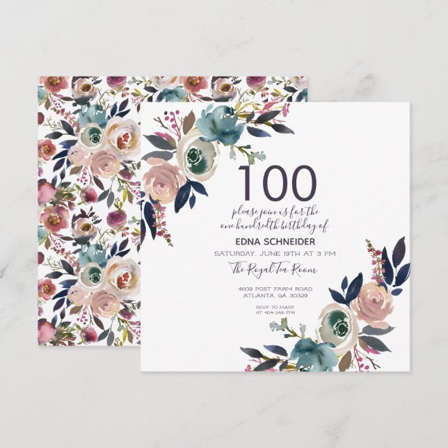 Navy & Blush Vintage Floral | 100th Birthday Invitation (Front/Back)