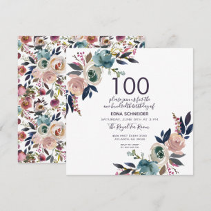Navy & Blush Vintage Floral   100th Birthday Invitation