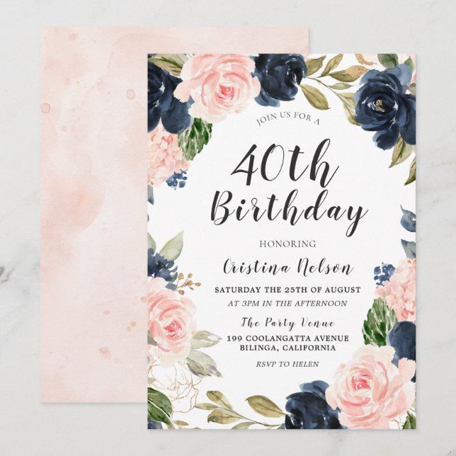 Navy & Blush Watercolor 40th Birthday Party Invitation (Front/Back)