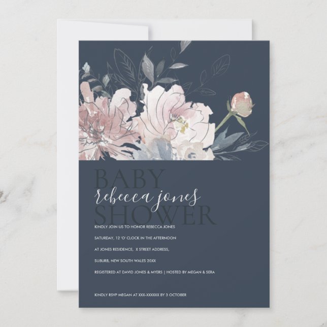 NAVY BLUSH WATERCOLOR FLORAL BABY SHOWER INVITE (Front)