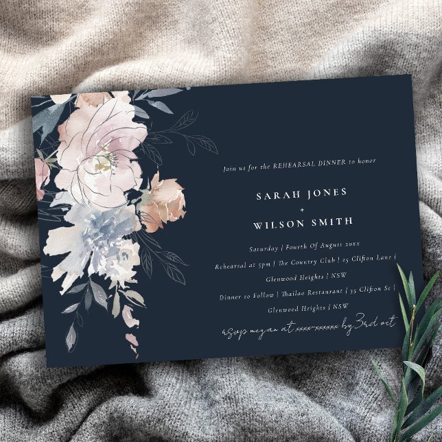 Navy Blush Watercolor Floral Rehearsal Dinner Invitation (Creator Uploaded)