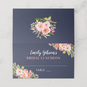 Navy Blush Watercolor Floral Wedding Bridal Place Card