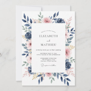 Navy Blush Watercolor Floral Wedding Invitation